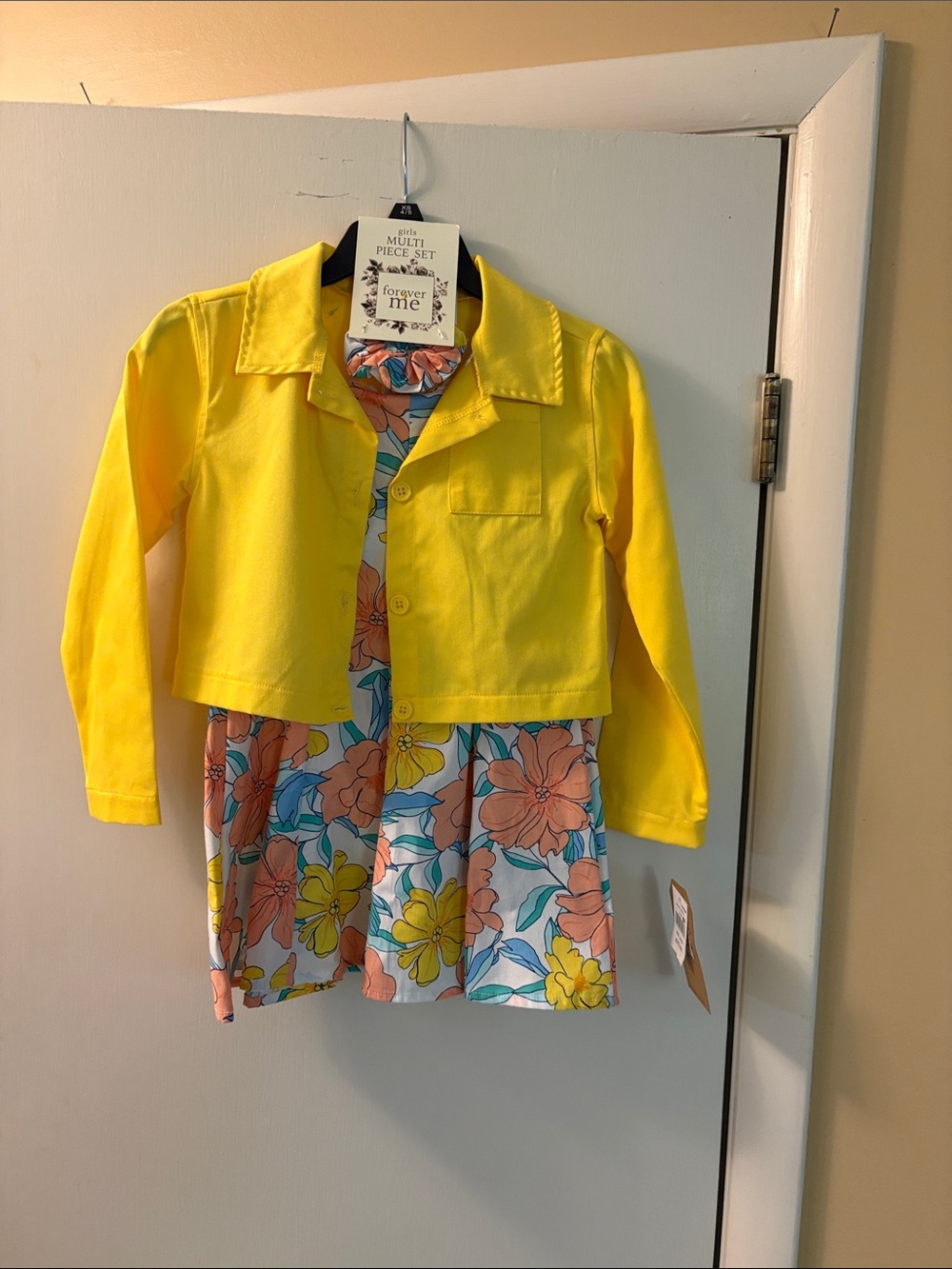 Forever Me Girls Yellow Jacket with Floral Dress Set